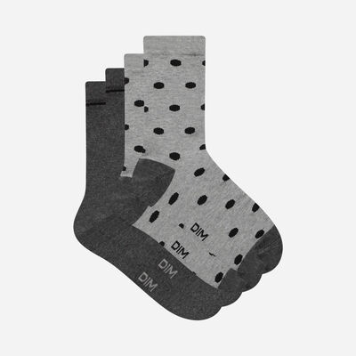 Pack of 2 pairs of women's gray cotton style polka dot socks, , DIM