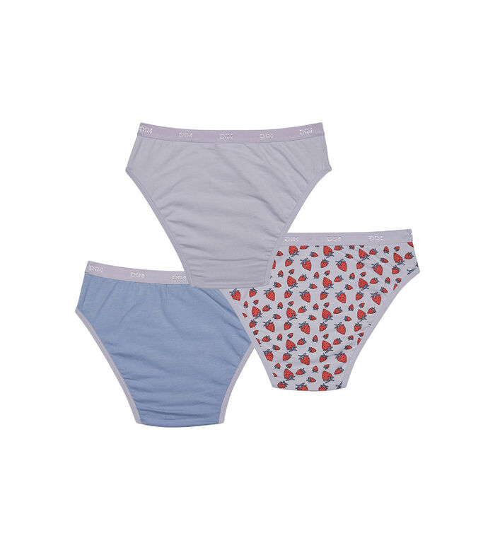 Les Pockets Pack of 3 Lilac girl's knickers in stretch cotton with strawberry pattern, , DIM