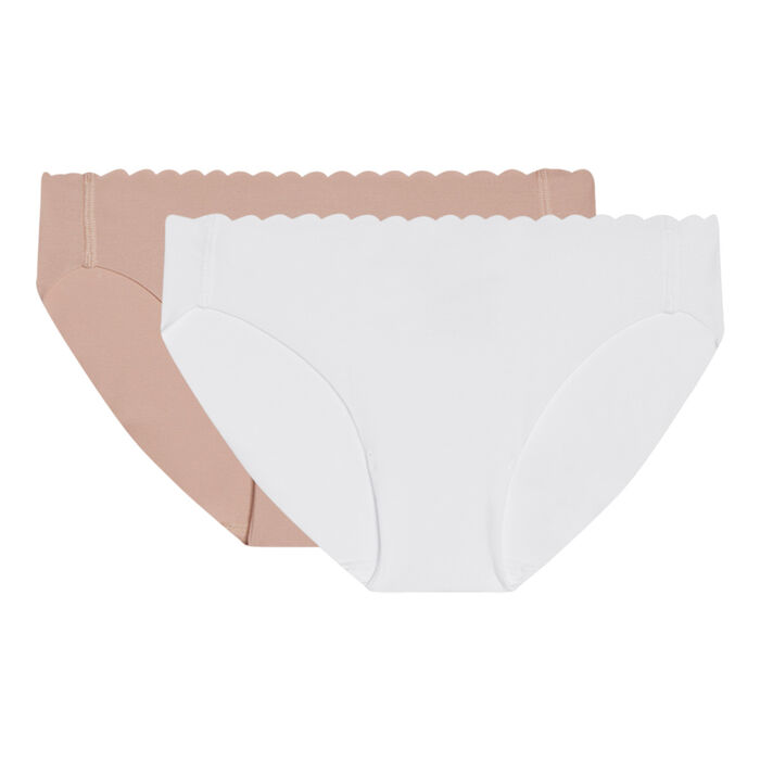 Pack of 2 pairs of Body Touch cotton bikini knickers in white and barely beige, , DIM