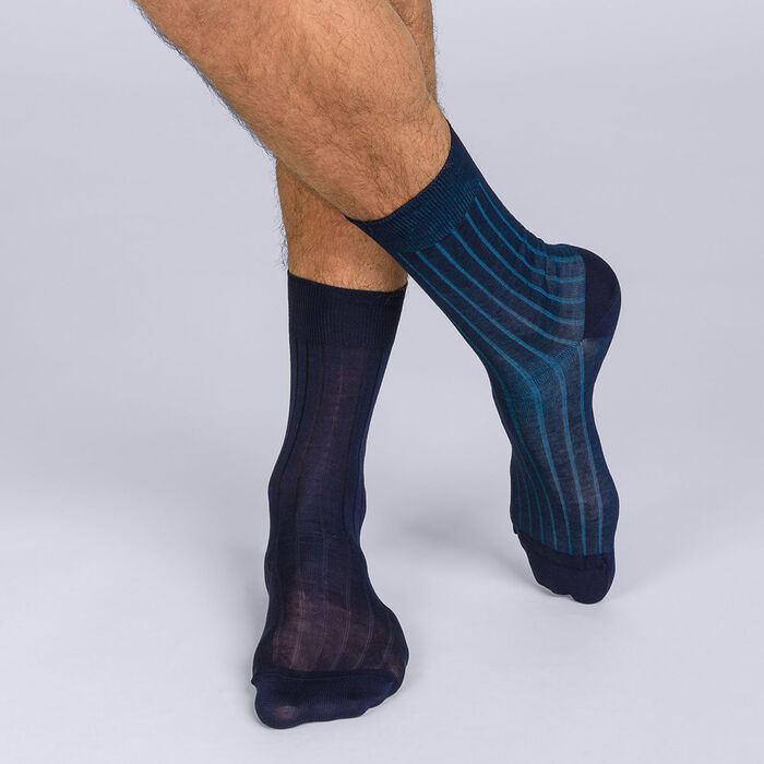 Pack of 2 pairs of men's finely ribbed lisle mid calf socks in plain blue, , DIM