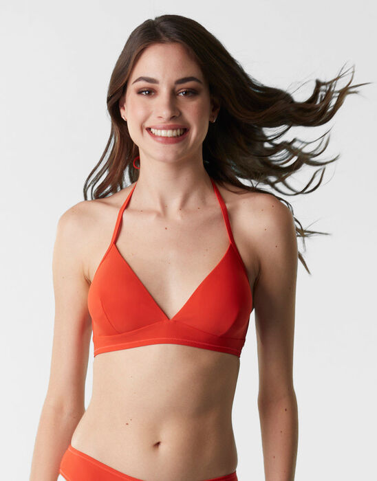 Non-wired bikini top in recycled nylon warn in orange, , DIM