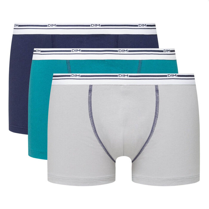 Classic Colours pack of 3 men's stretch cotton trunks in steel grey and denim blue, , DIM