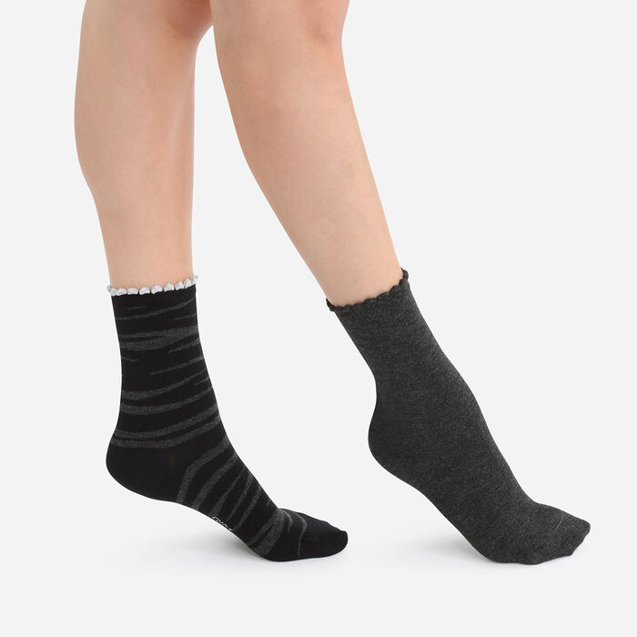 Pack of 2 pairs of women's socks with zebra pattern Black Dim Bambou, , DIM
