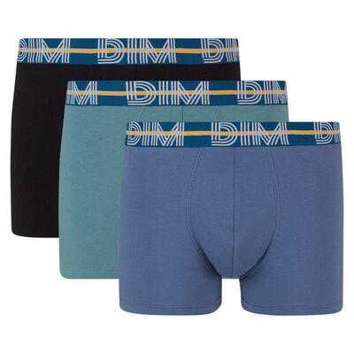 3er-Pack schwarz-blaue Boxershorts aus Stretch-Baumwolle mit farbigem Bund - DIM Powerful, , DIM