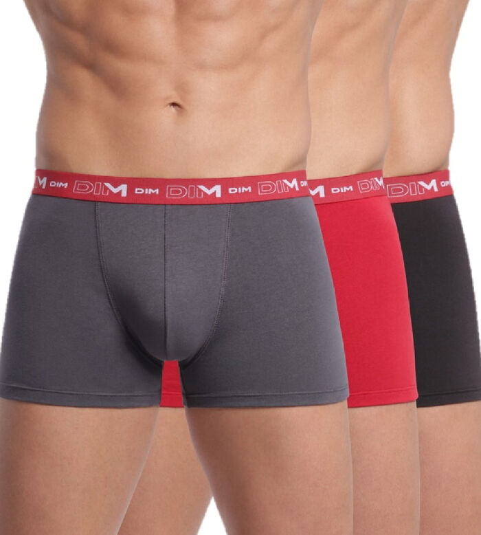 Pack of 3 pairs of Coton Stretch grey, chilli red and black trunks, , DIM