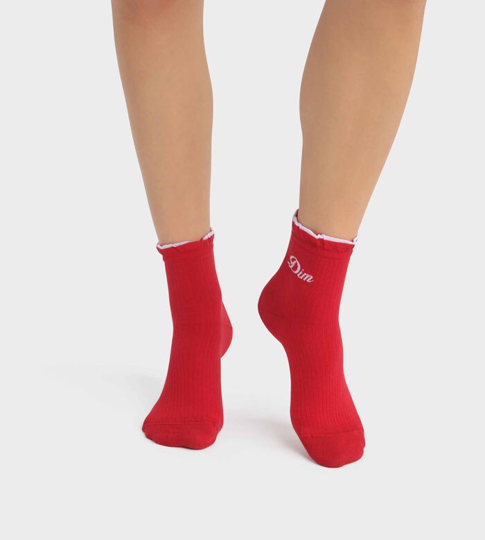 Women's socks made in France in Red cotton with ruffles Madame Dim, , DIM