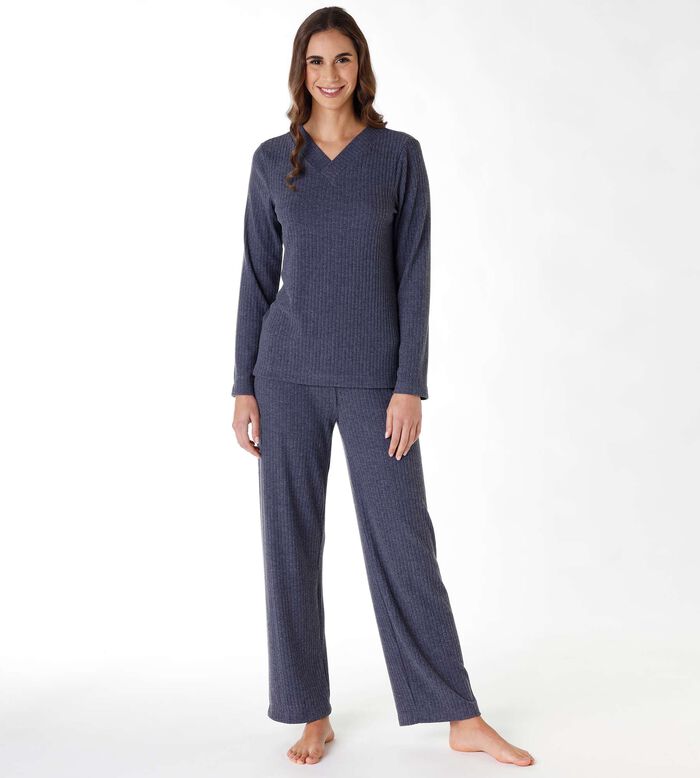 Women's long pyjamas in warm grey-blue ribbing, , DIM
