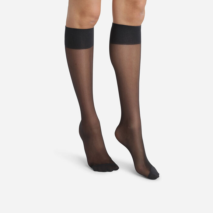 Pack of 2 Black Ultra Resist knee-high socks made of reinforced Lycra, , DIM