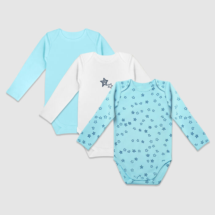 Dim Baby Blue Pack of 3 organic cotton long-sleeved bodysuit with stars, , DIM