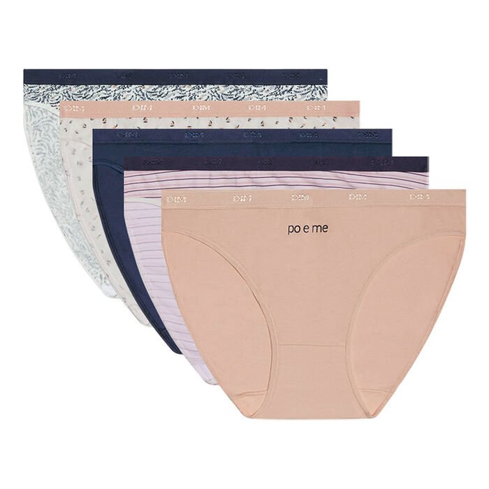 Les PocketsPack of 5 Les Pockets stretch cotton women's briefs with poetic patterns, , DIM