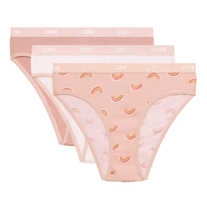 Pack of 3 girls' Pink Les Pockets stretch cotton knickers with a rainbow pattern, , DIM