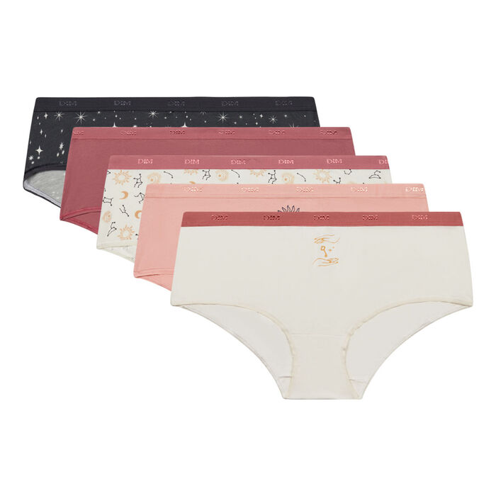 Les Pockets Pack of 5 women's Beige stretch cotton boxers with cosmic prints, , DIM