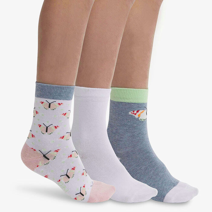 Pack of 3 pairs of pink children's socks with Butterfly pattern Cotton Style, , DIM