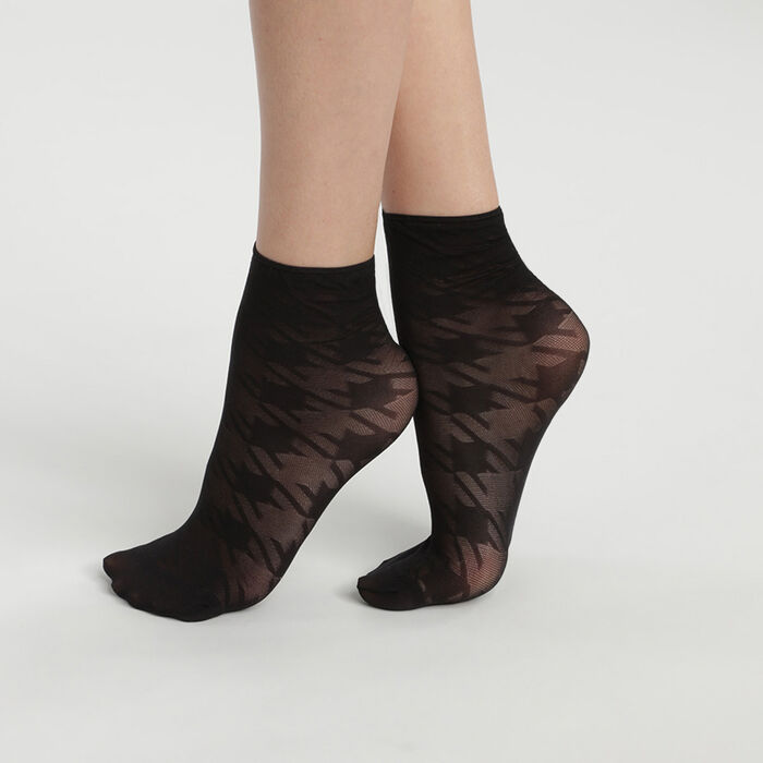 Women's Black Dim Style sheer ankle socks with a large rooster foot pattern, , DIM