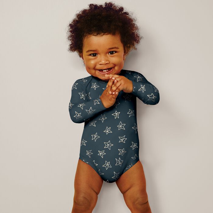 Pack of 3 long-sleeved organic cotton bodysuits Stars Blue Dim Baby, , DIM