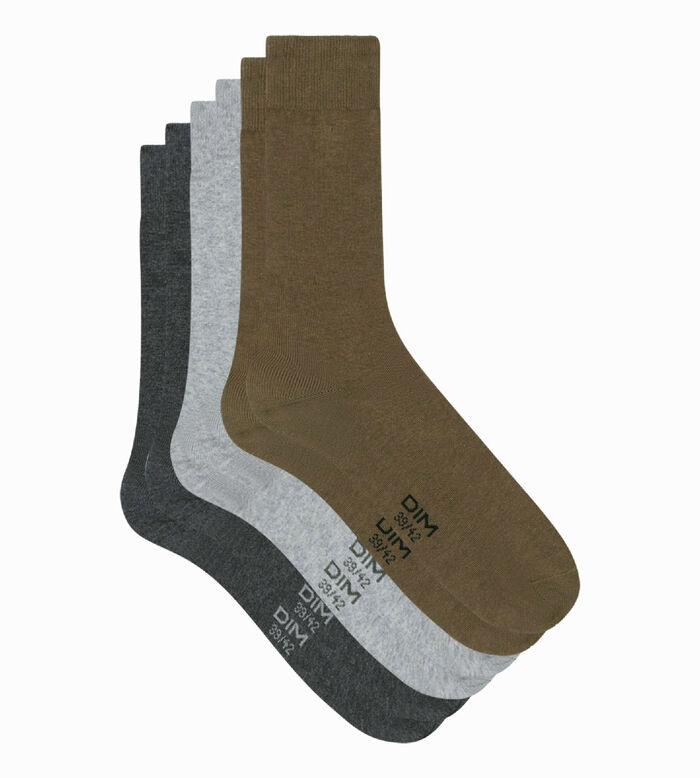 Pack of 3 pairs of men's socks grey Khaki Dim Basic Cotton, , DIM