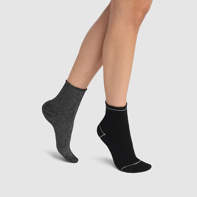 Pack de 2 pares de calcetines bajos de algodón y lurex plateado y negro Coton Style, , DIM