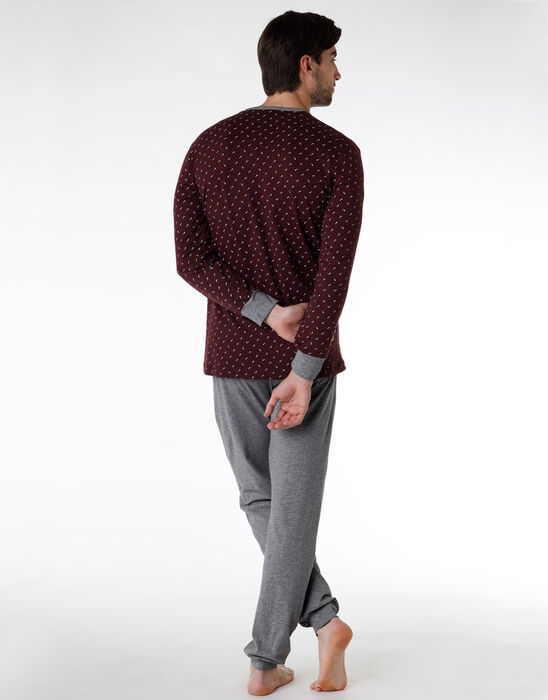 Long pyjamas in burgundy cotton jersey with print, , DIM