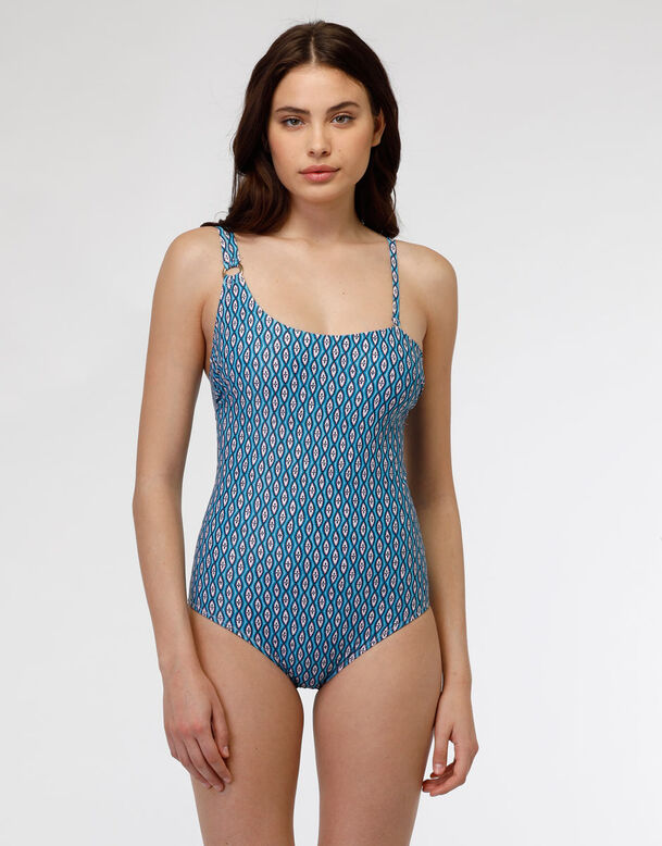 One-piece swimming costume in microfibre and recycled nylon, geometric print, , DIM