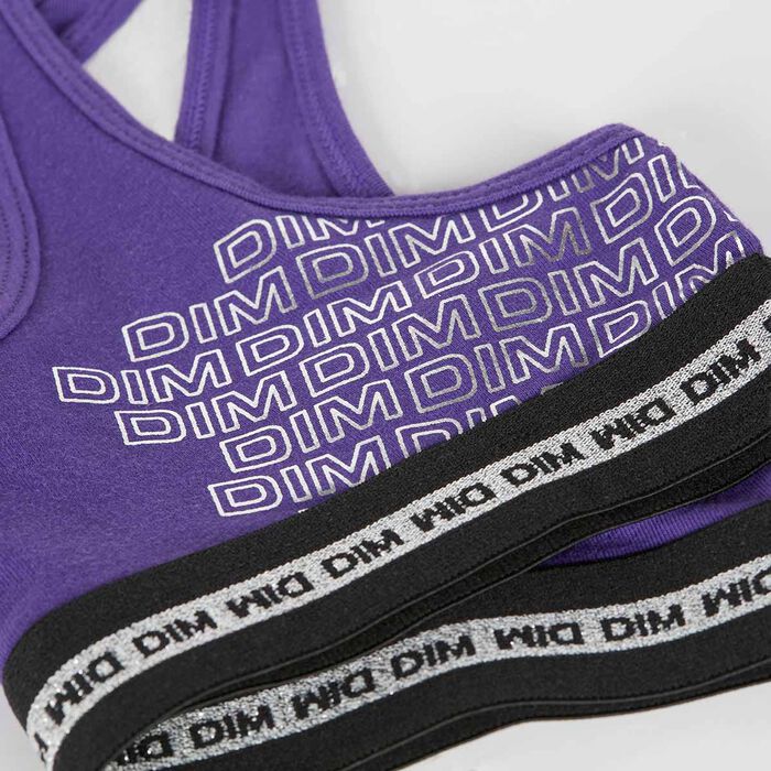 Girls' Purple Dim Sport stretch cotton bra with a silver print, , DIM