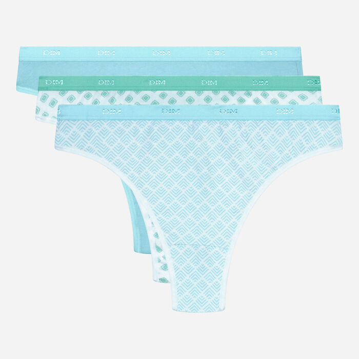 Set of 3 cotton thongs with geometric patterns Turquoise Les Pockets, , DIM