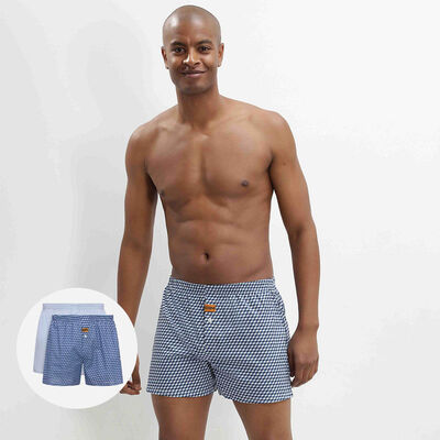 2 pack men's 100% cotton  loose boxers shorts in Sky Blue and Cube Print, , DIM