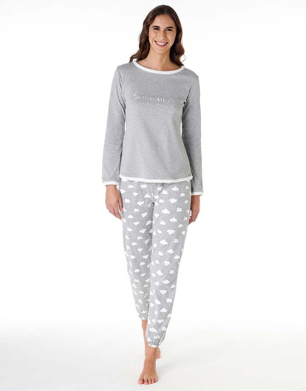 Women's long cotton interlock pyjamas, melange grey with print, , DIM