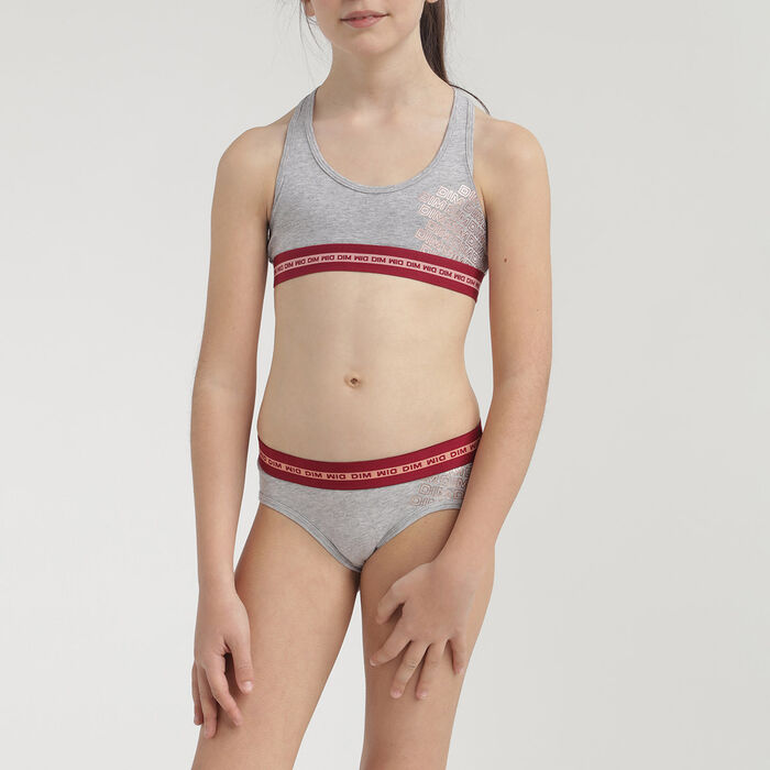 Girls' Grey Dim Sport stretch cotton bra with metallic logo, , DIM