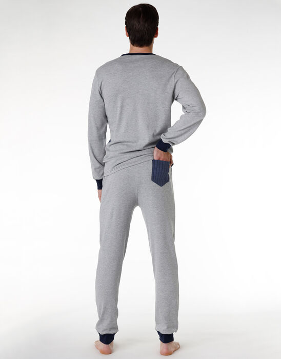 Men’s long pyjama set in cotton, navy blue and print, , DIM