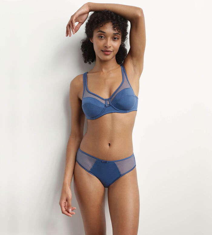 Full cup bra in organic cotton and plumetis tulle in Blue Gray Generous, , DIM