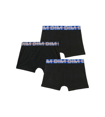 EcoDim Pack of 3 black boy's stretch cotton boxers with contrasting waistband, , DIM