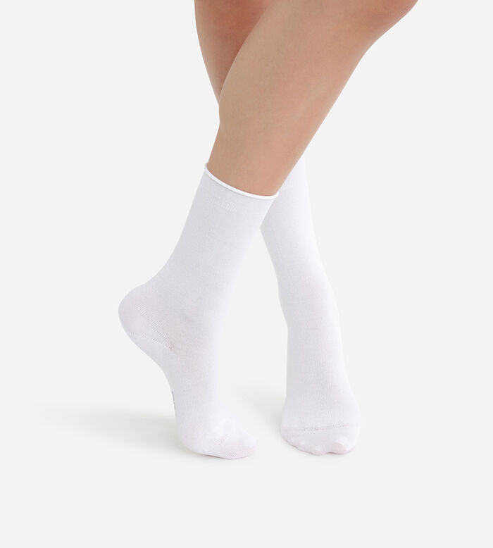 Pack of 2 pairs of white cotton modal socks for women, , DIM