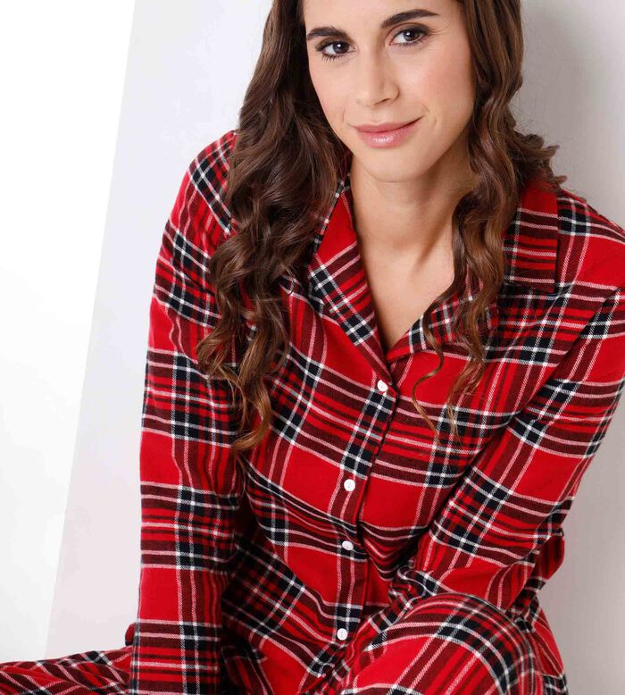 Pyjama long femme en flanelle, tartan rouge, , DIM