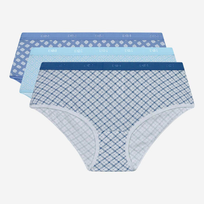 Pack of 3 stretch cotton shorties with geometric patterns Blue Les Pockets, , DIM