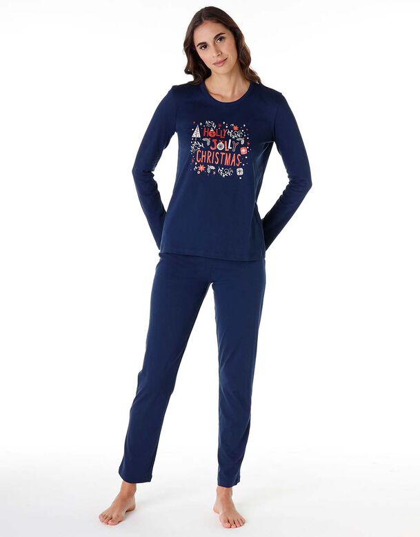 Pyjama femme long en jersey 100% coton bleu imprimé, , DIM