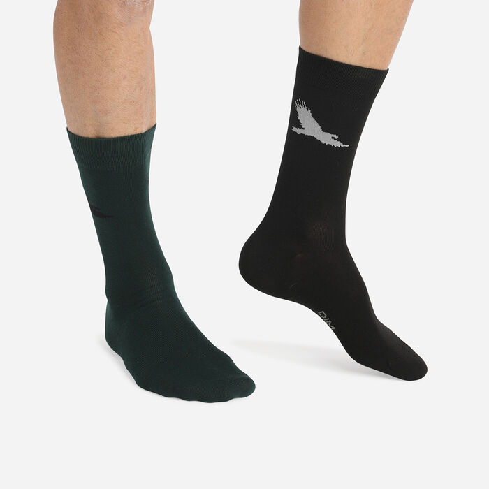 Cotton Style Pack of 2 pairs of Green men's socks with eagle pattern, , DIM
