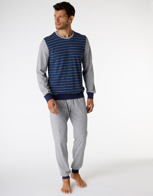 Men's jersey long pyjamas, striped blue and grey, , DIM