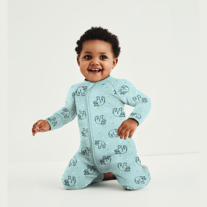 Hellblauer Baby-Pyjama aus Velours mit Reißverschluss und Nashorn-Print - DIM ZIPPY®. , , DIM
