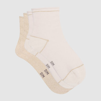 Cotton Style pack of 2 pairs of ankle socks in ivory cotton and gold lurex , , DIM