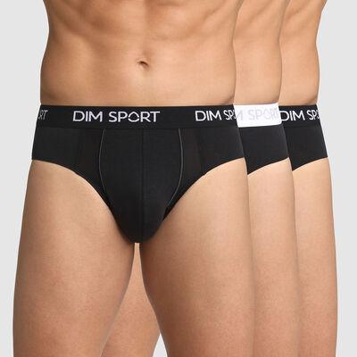 Pack of 3 men's cotton stretch mesh briefs black white Dim Sport, , DIM