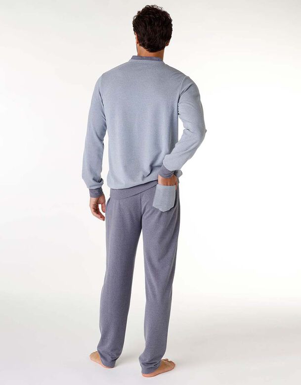 Men's long pyjamas in warm marled blue fabric, , DIM