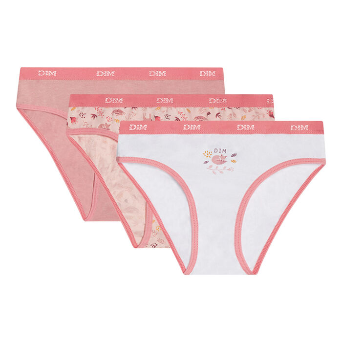 Les Pockets Pack of 3 girls' stretch cotton briefs with forest pattern White Pink, , DIM