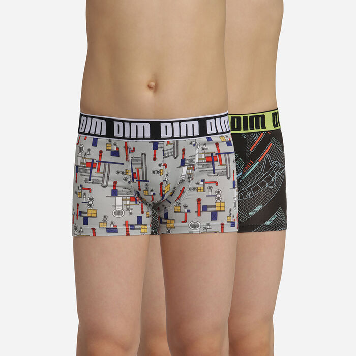 Pack of 2 children's Black Grey Dim Micro microfibre boxers with a gaming design, , DIM