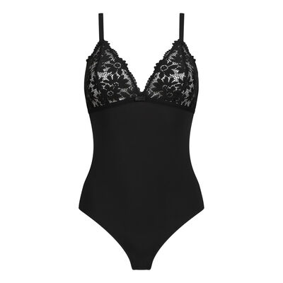 Daily Glam women's Black second-skin floral lace bodysuit, , DIM