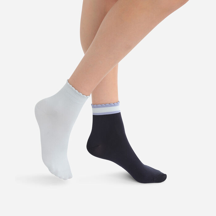 Pack of 2 pairs of women's socks with striped edges Navy Dim skin, , DIM