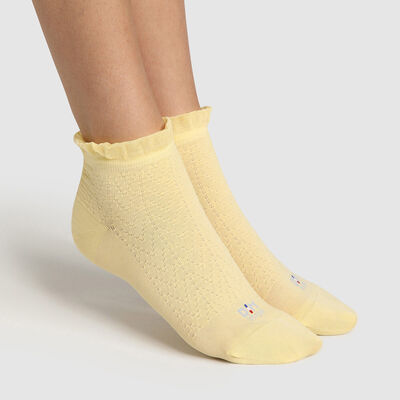 Женские носки с принтом шотландская полоска и желтой оборкой Dim. Сделано во Франции, , DIM