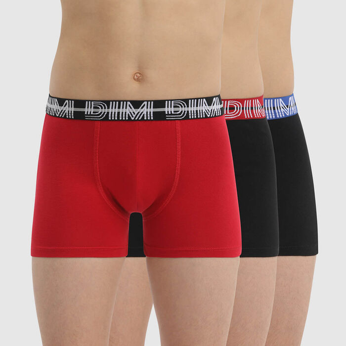 3er-Pack rubinrote Jungen-Boxershorts aus Stretch-Baumwolle mit kontrastierendem Bund - EcoDIM, , DIM