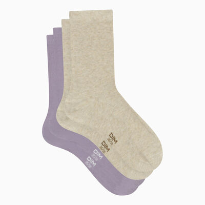 Pack of 2 pairs of women's beige lavender basic cotton socks, , DIM