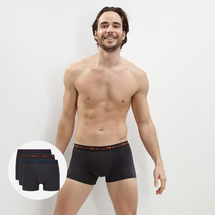 Pack of 3 pairs of black Coton Stretch trunks with colourful waistbands, , DIM