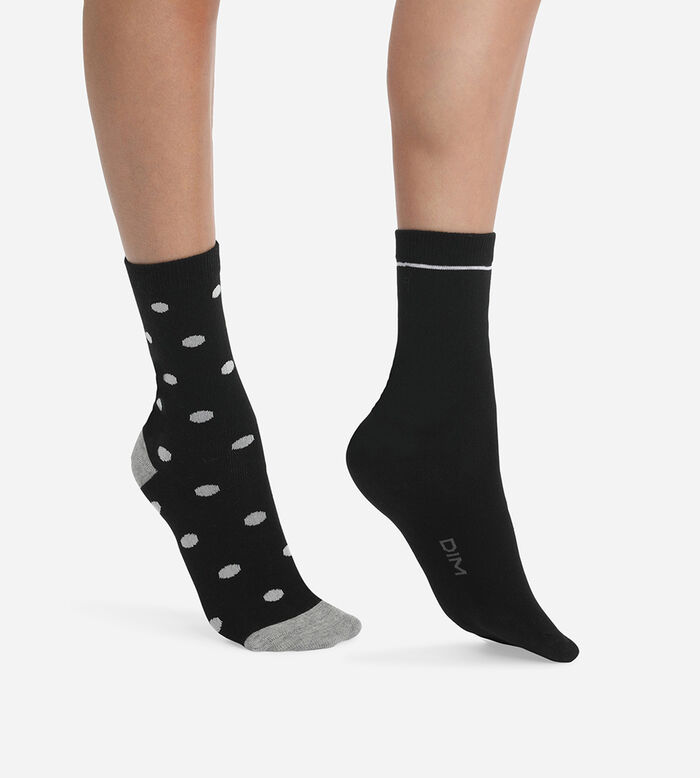 Pack of 2 pairs of women's socks Black with large polka dots Dim Coton Style, , DIM